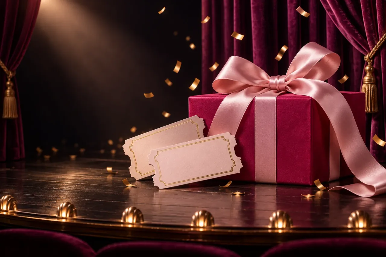 Original celebratory theater gift card with velvet curtains and a satin bow